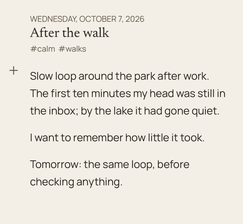 A page in the Sharp Thought journal on iPhone: Wednesday, October 7, titled After the walk, tagged calm and walks, with three short paragraphs about a slow walk home.